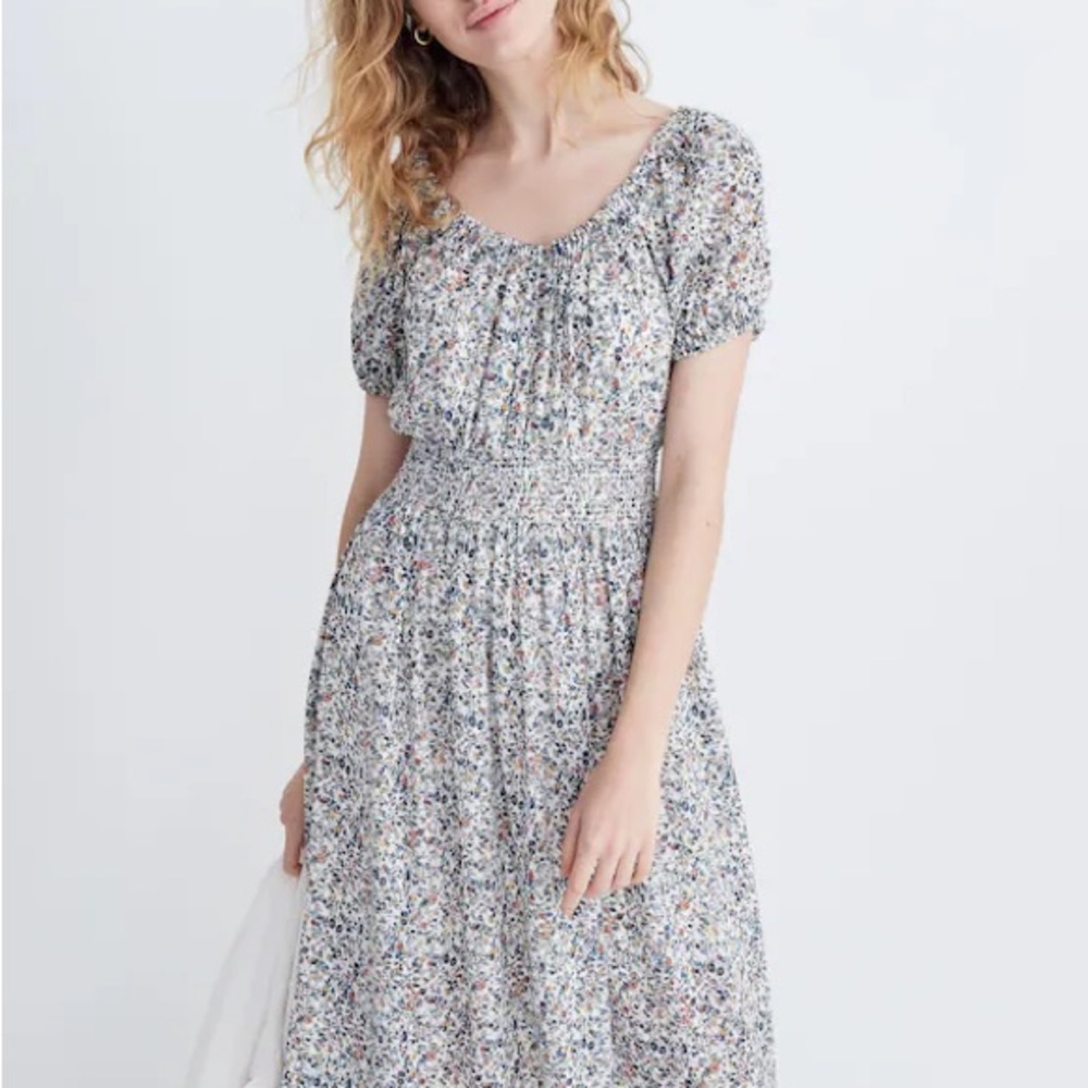 Madewell Smock-Waist Peasant Midi Dress in Blossoming Vines